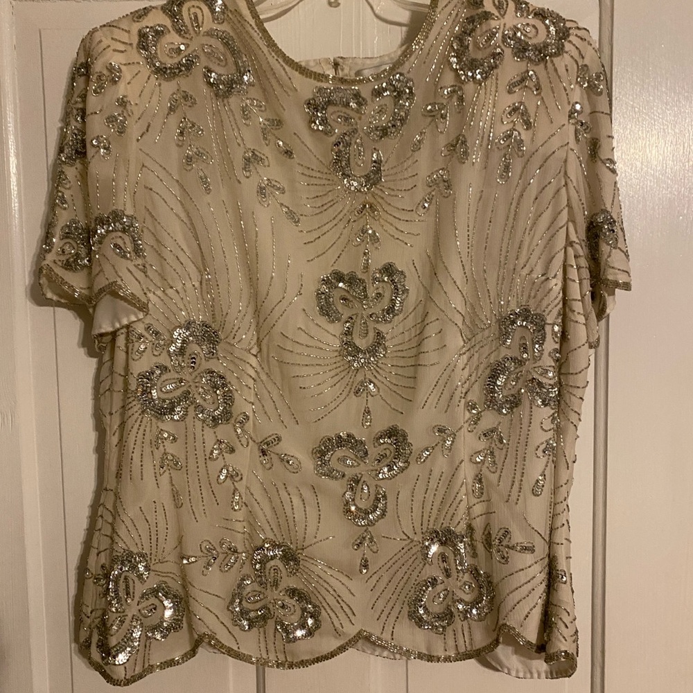 Papell Boutique Cream and Gold Embellished Boxy Blouse